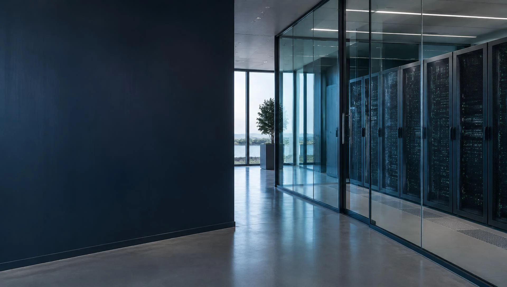 Glass-walled digital infrastructure room with network cabinets and soft blue light.
